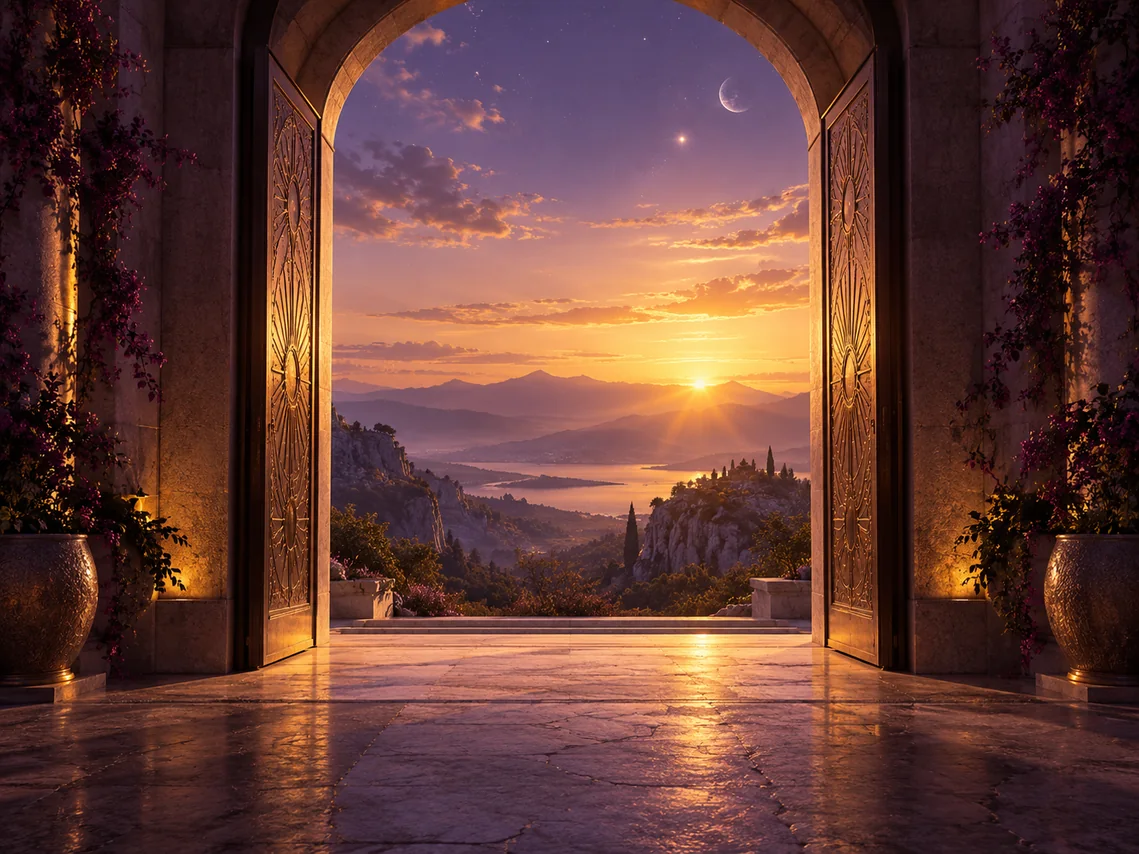 Un portal abierto hacia un horizonte iluminado representa nuevas posibilidades