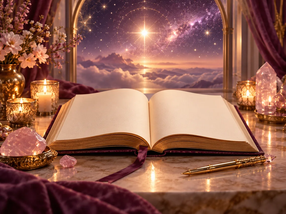 Libro abierto bajo un cielo luminoso con cristales rosados, imagen de Registros Akáshicos Angélicos