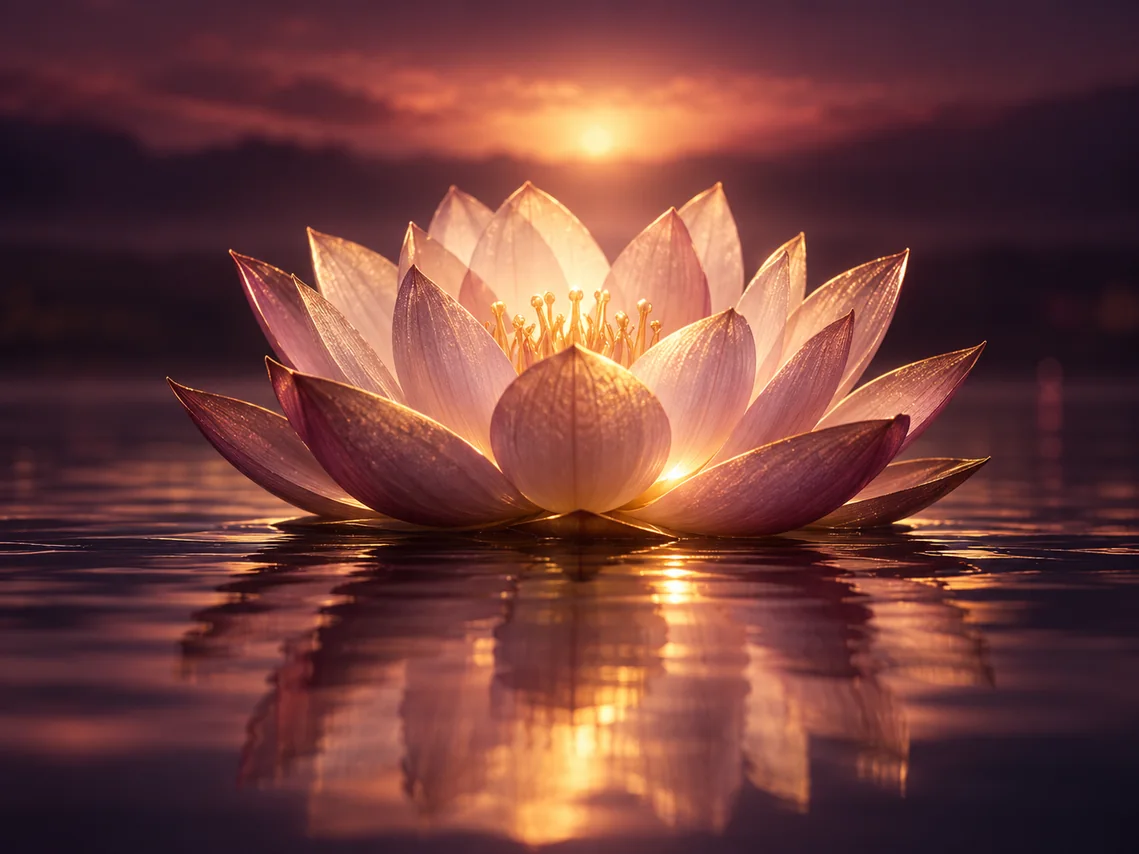 Flor luminosa abriéndose sobre el agua al amanecer, símbolo de un nuevo comienzo